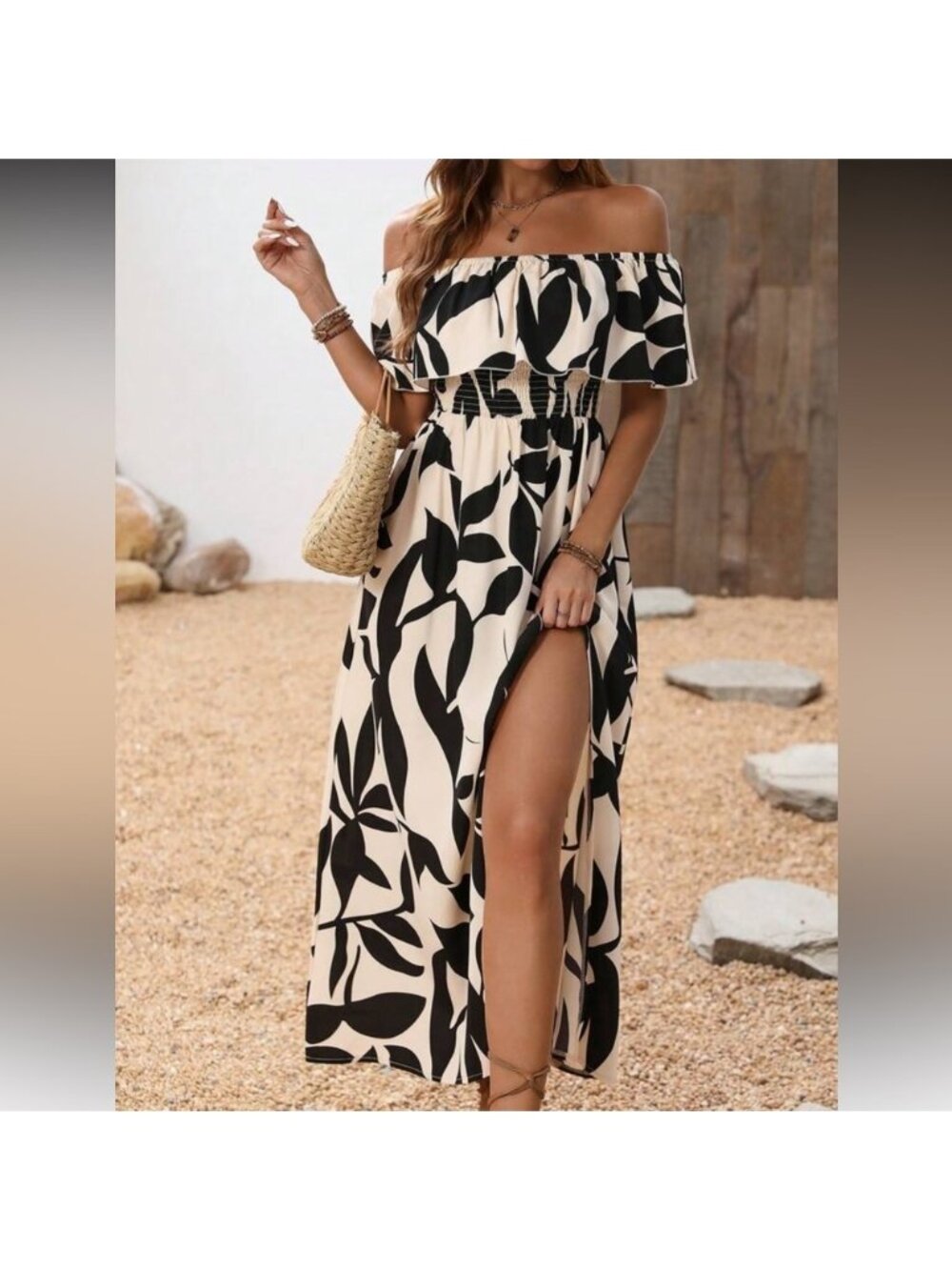 Off-Shoulder Black and Cream Maxi Dress